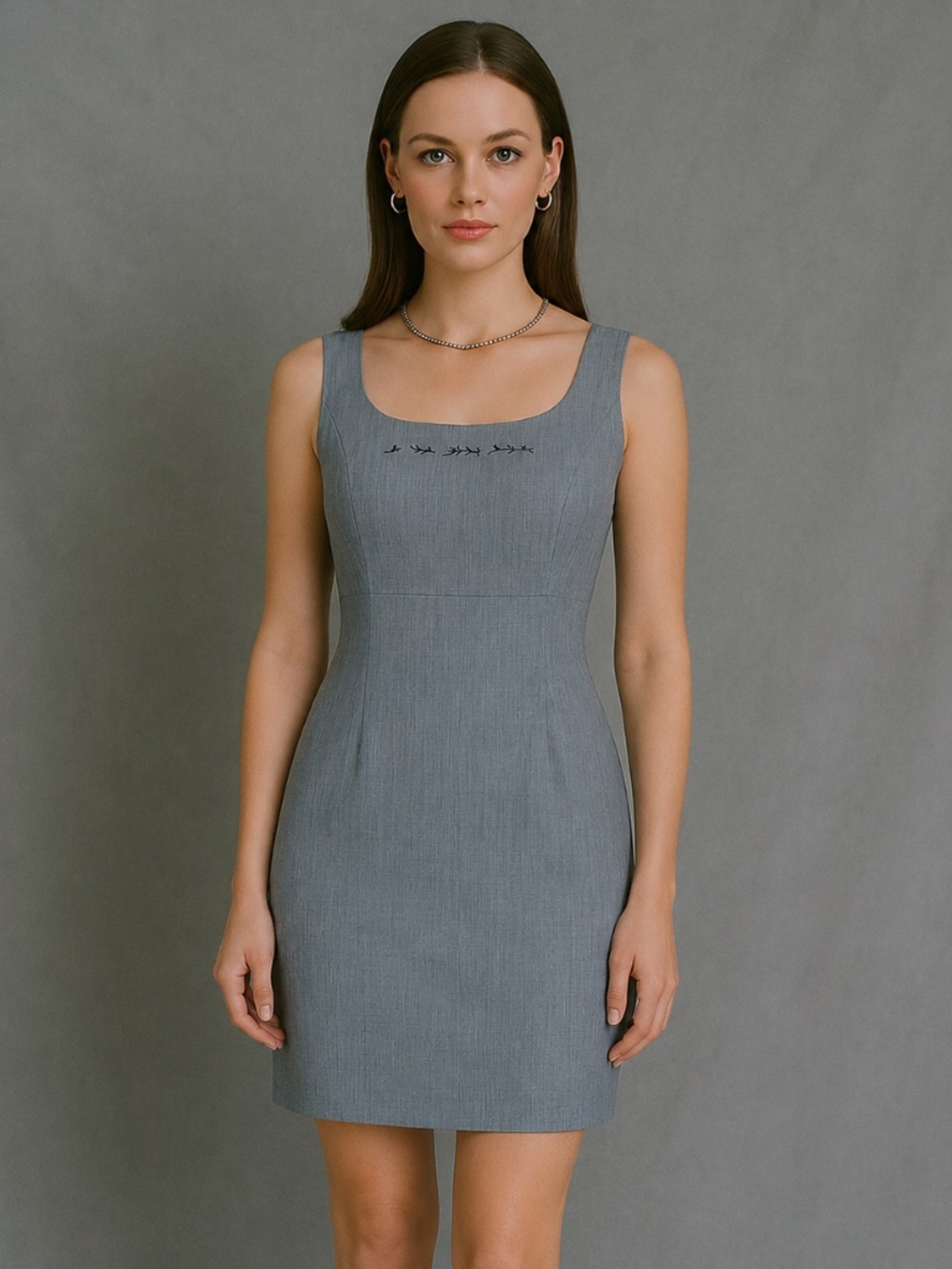90s Mini Dress Grey Suzy Petites Pencil Embroidery Size 6 Formal - Picture 1 of 12